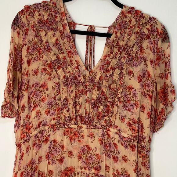 The Kooples Paris S Cottagecore Ruffle Midi Dress Tan Pink Floral Flowy Chiffon - Picture 3 of 16
